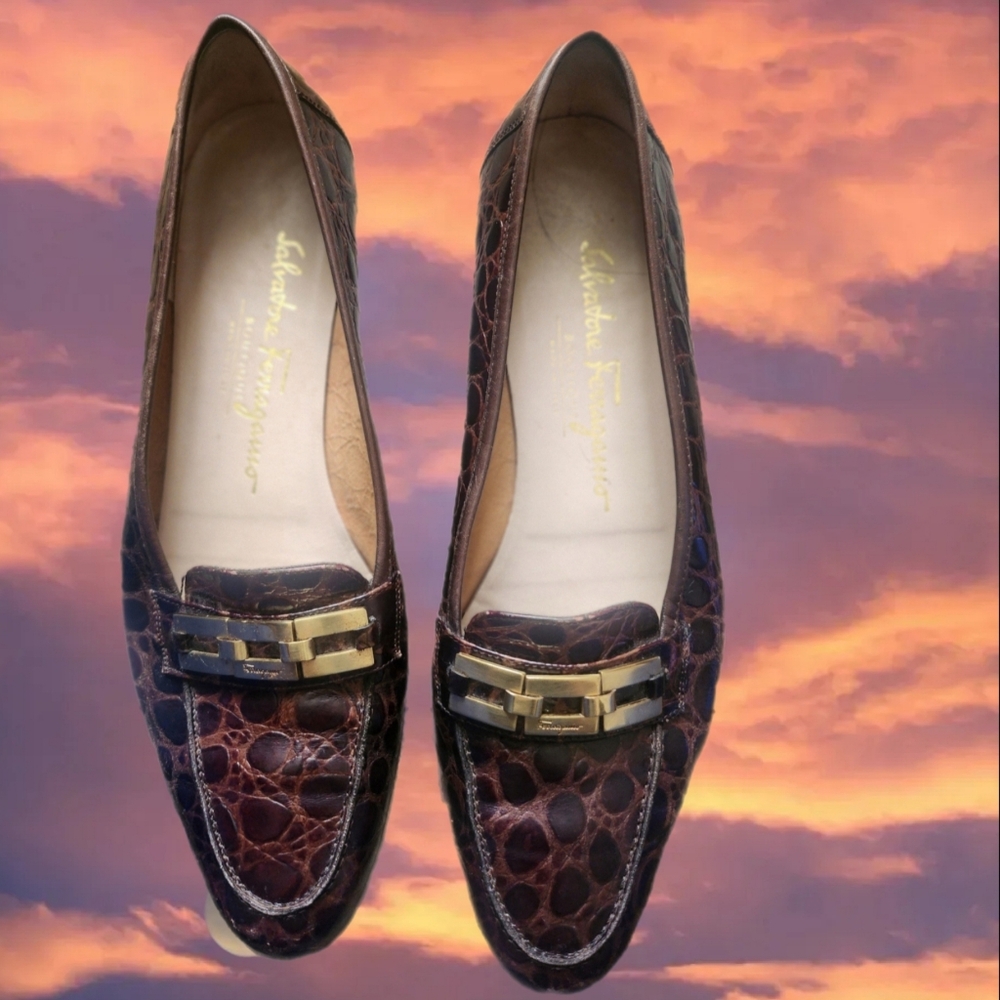 SALVATORE FERRAGAMO BROWN LEATHER EMBOSSED CROC DESIGNER LOAFERS @msplf1949 - Picture 1 of 6